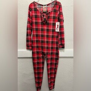 ShoSho Red Plaid Fleece Lined Holiday Onesie with Headband NWT Large